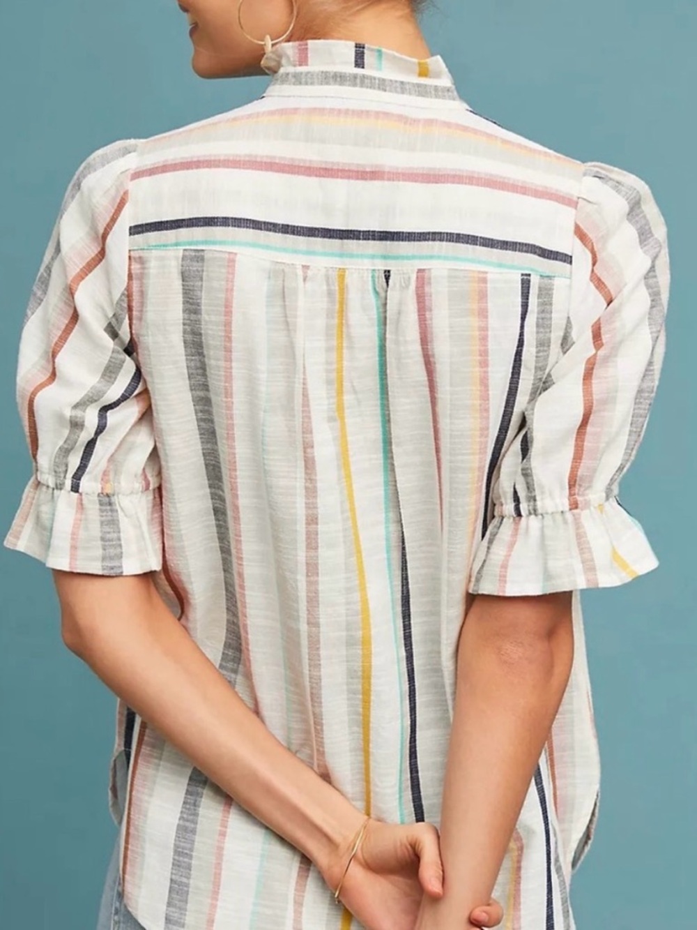 Maeve by Anthropologie Button-Front Short Sleeve Blouse Multi-Color Stripes